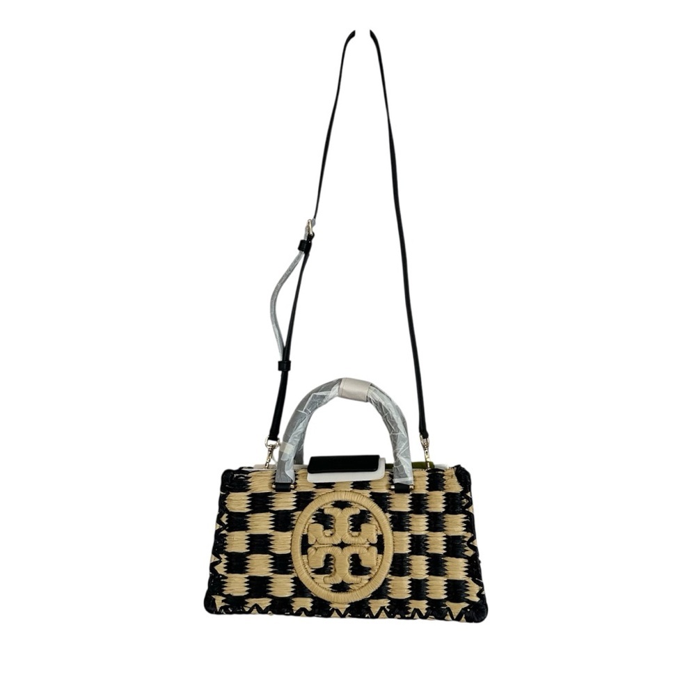 Tory Burch Ella Hand-Crocheted Checkered E/W Top Handle Black/Natural Purse NWT